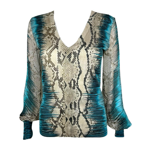 Roberto Cavalli Blue Snakeskin Print Silk Knit Sweater