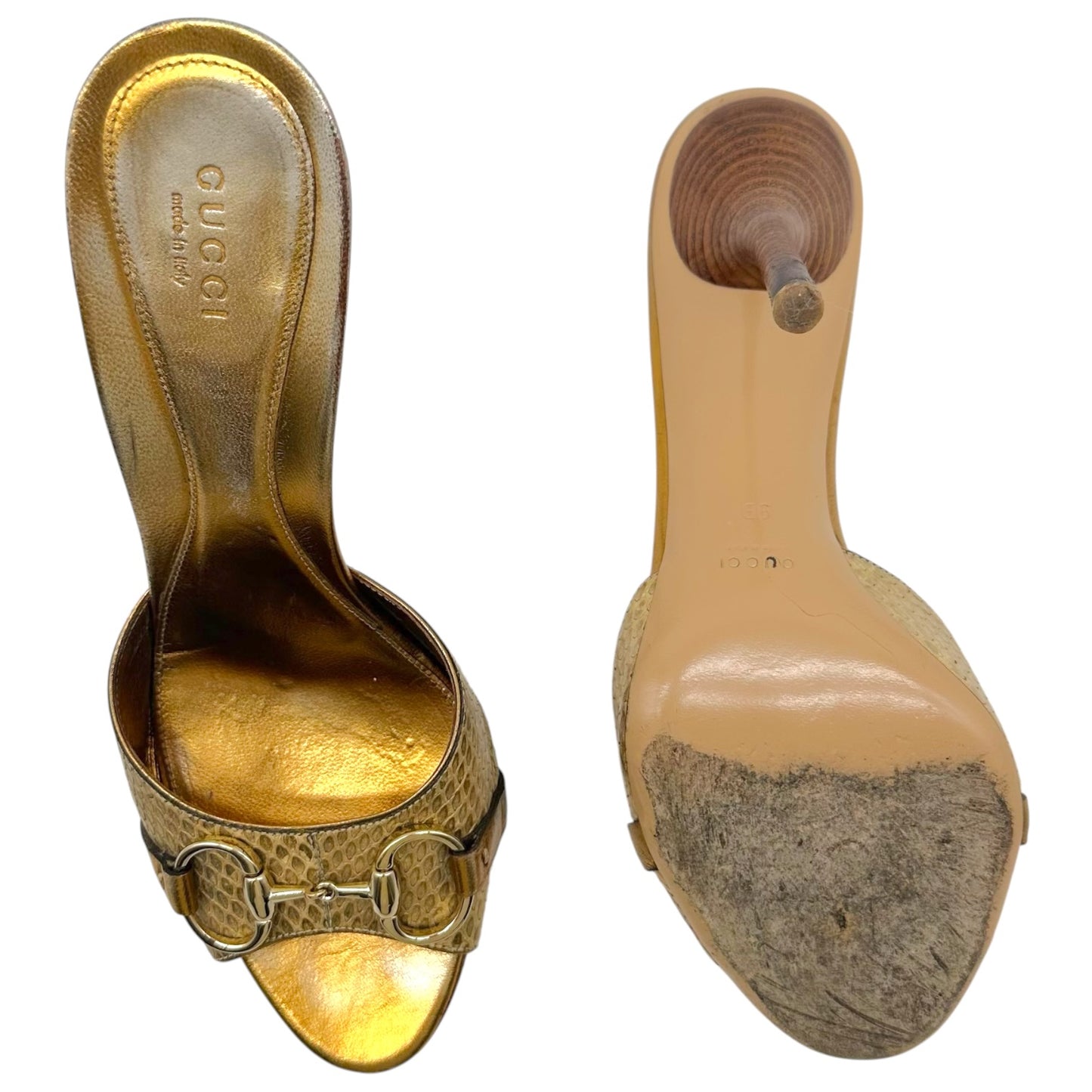 Gucci Gold Python Heeled Mule Sandals