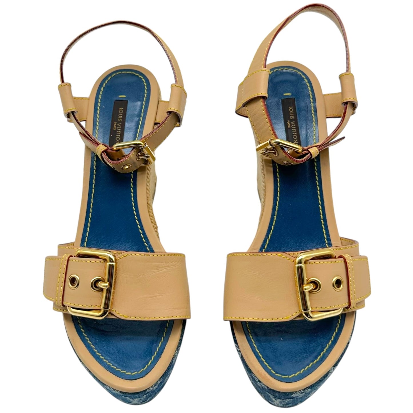 Louis Vuitton Denim Monogram & Raffia Heeled Wedge Sandals