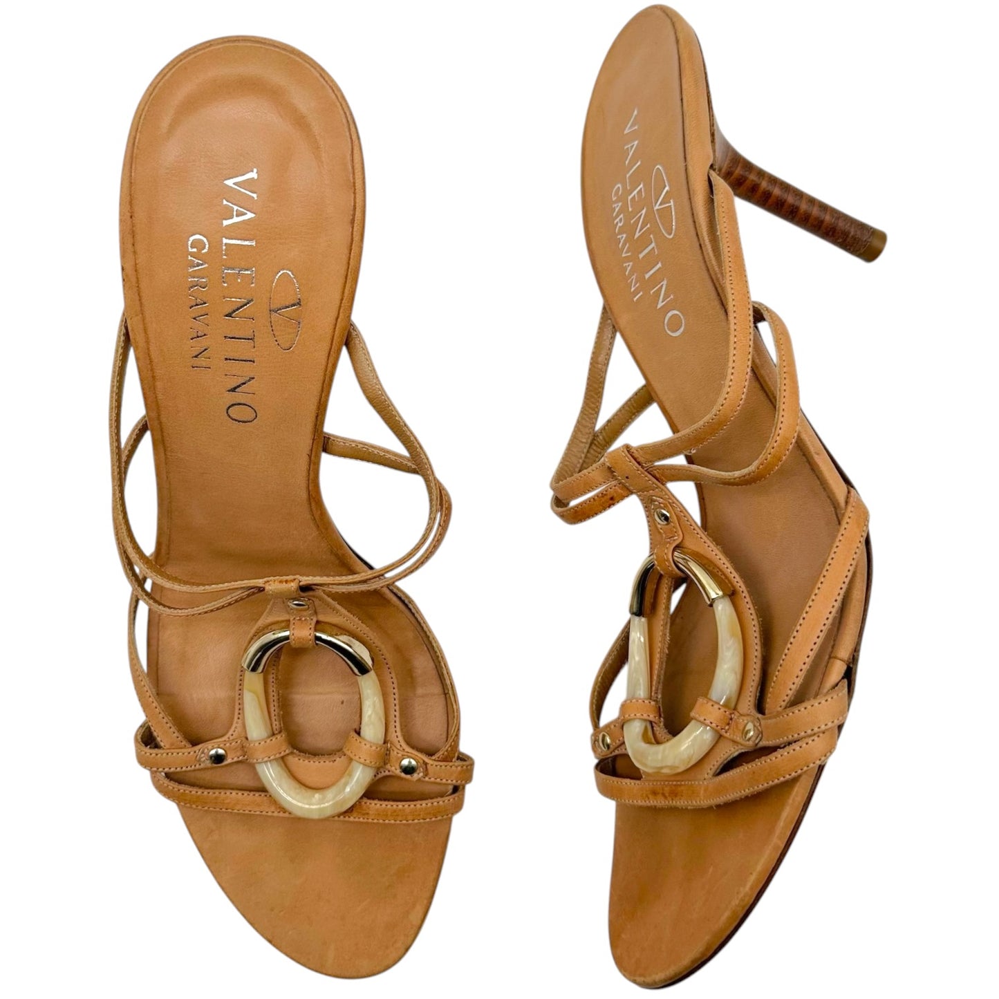 Valentino Garavani Tan Leather & Stone Embellished Strappy Mule Heels
