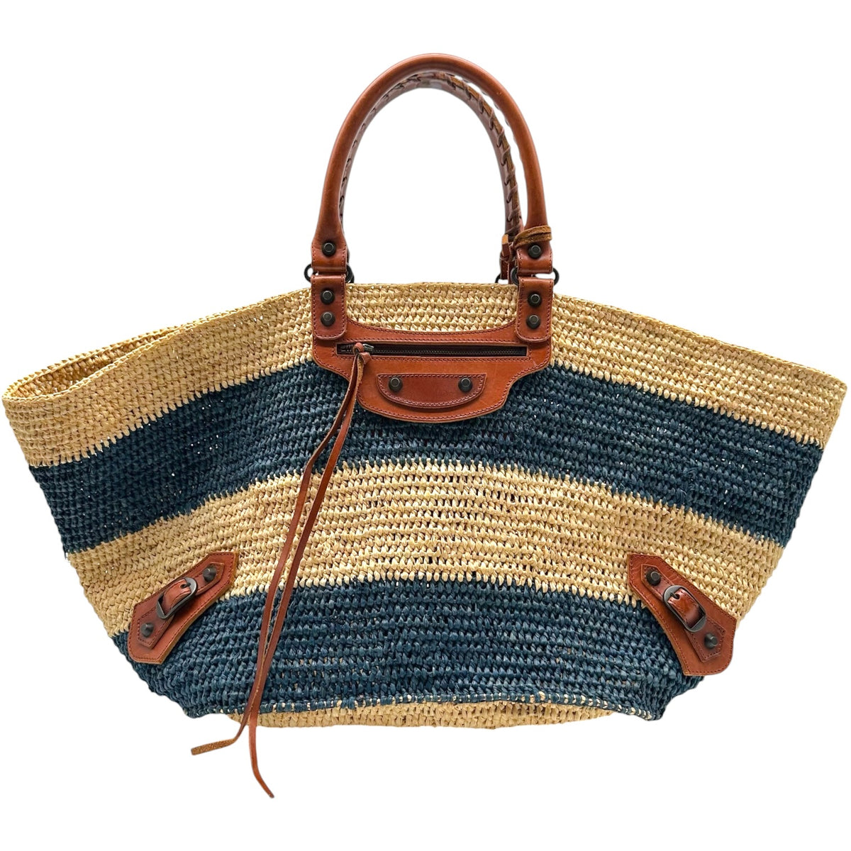Balenciaga Raffia Beach Tote Bag Navy Blue Beige Stripes