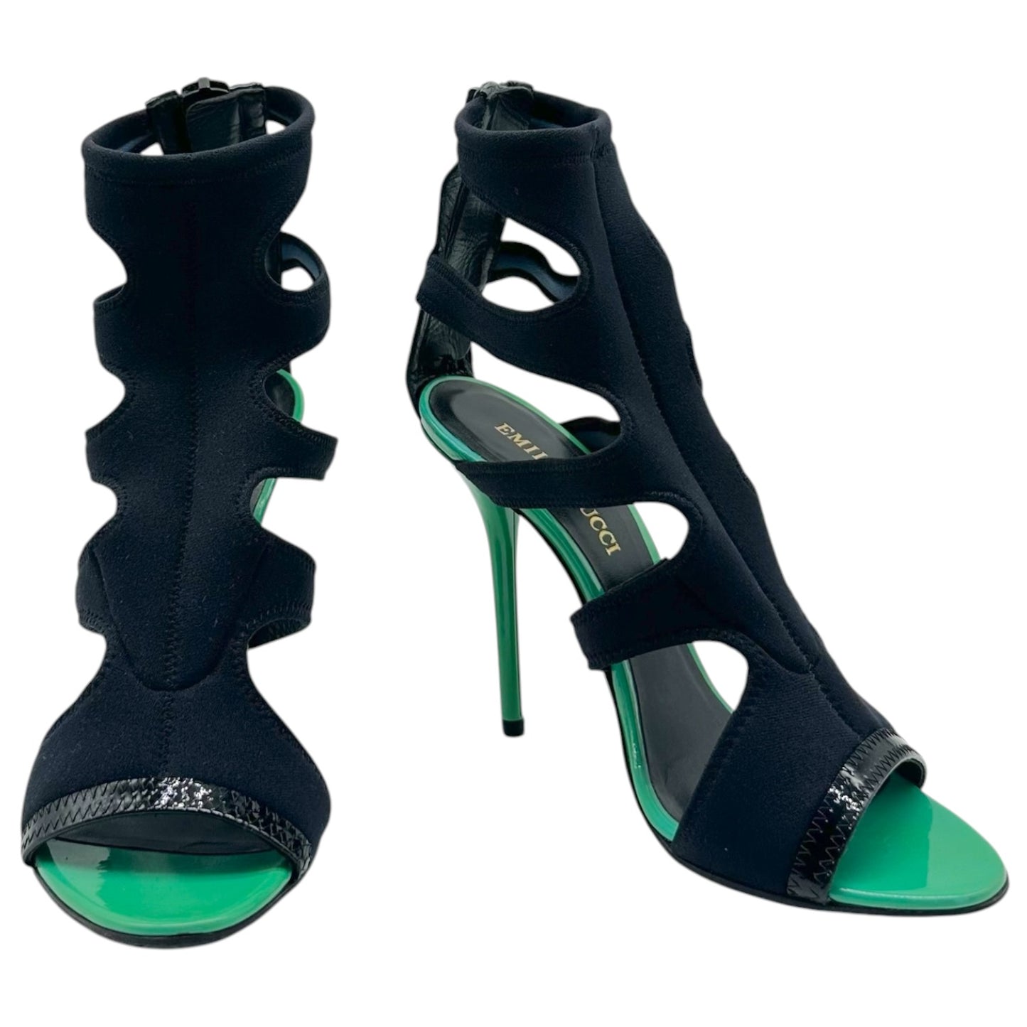 Emilio Pucci Green Patent Leather & Black Neoprene Strappy Stiletto Sandals