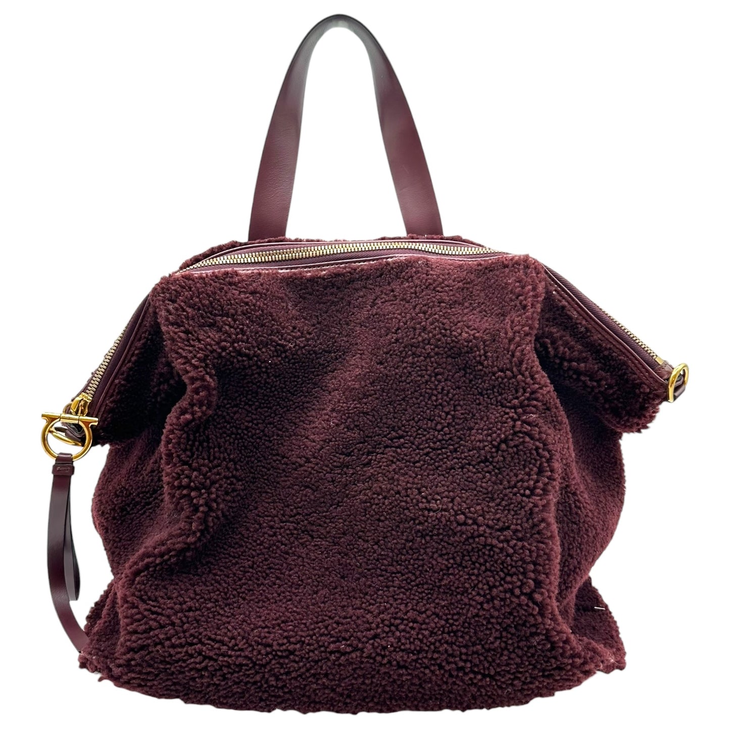 Salvatore Ferragamo Burgundy Shearling & Leather Tote Bag