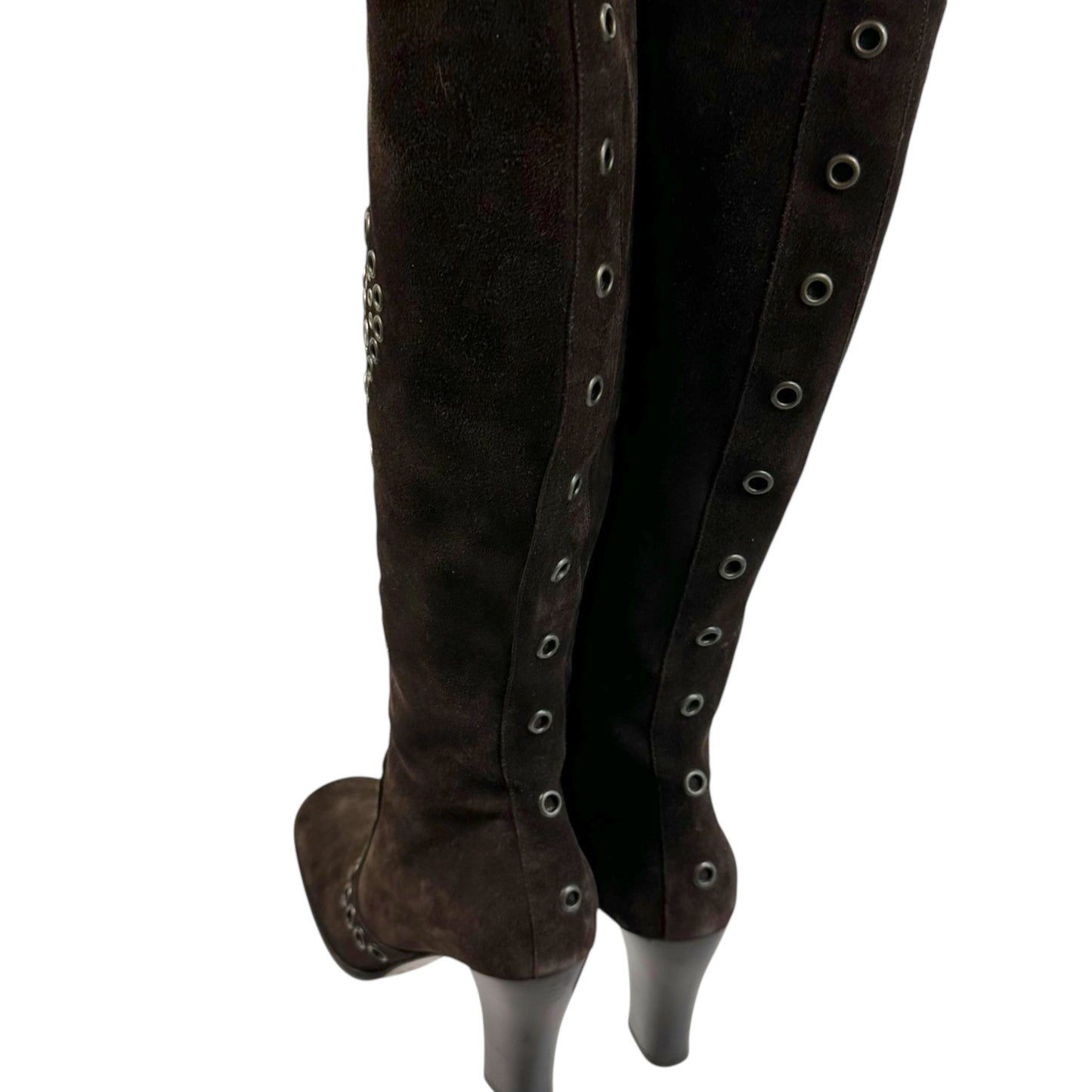 Dolce & Gabbana Brown Suede Butterfly Rivet Heeled Boots - Outfit Repeater