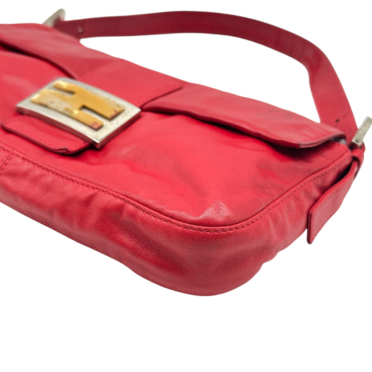 Fendi Red Leather Baguette Shoulder Bag with Yellow Stone