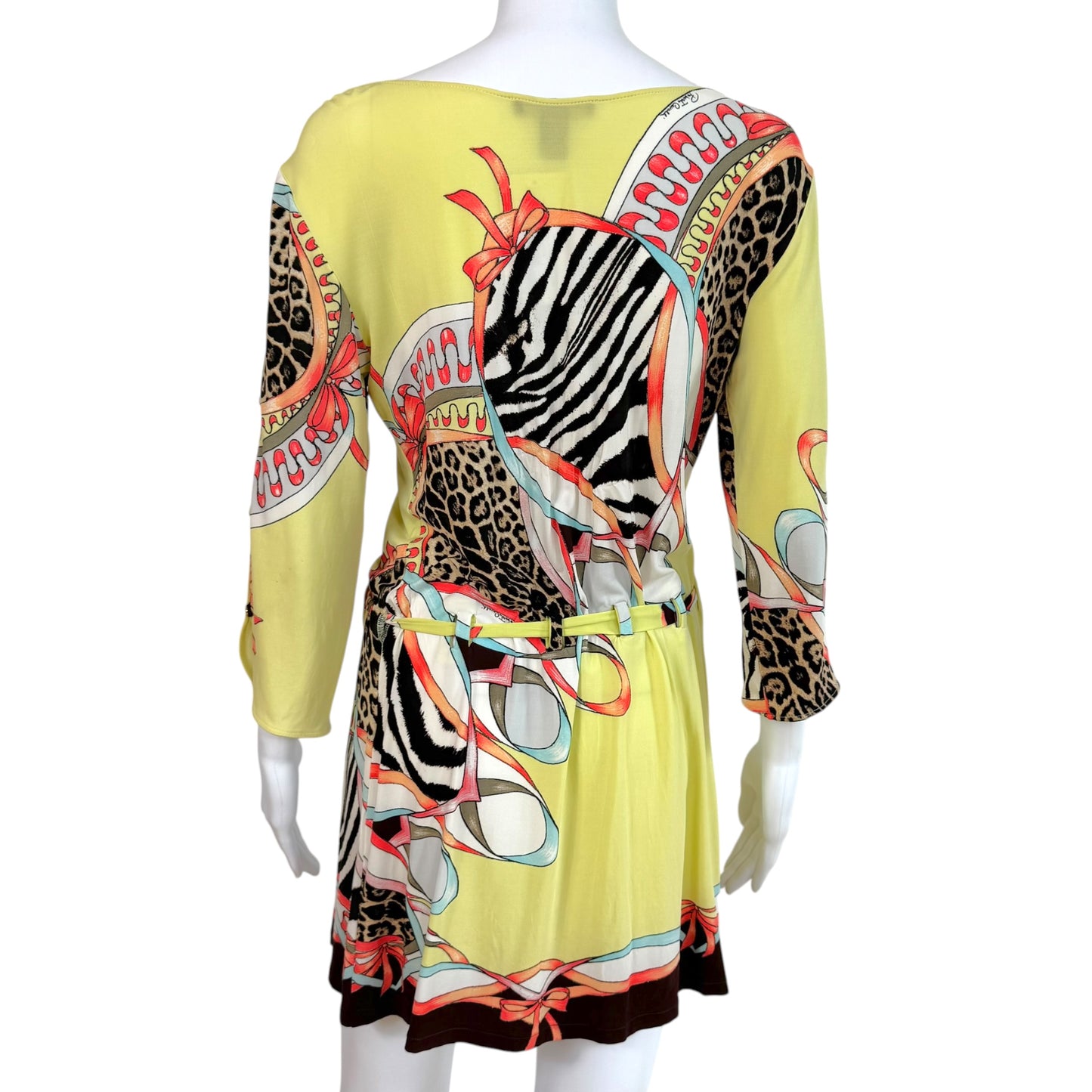 Roberto Cavalli S/S 2004 Yellow Multicolor Animal Print 3/4 Sleeve Cowl Neck Mini Dress
