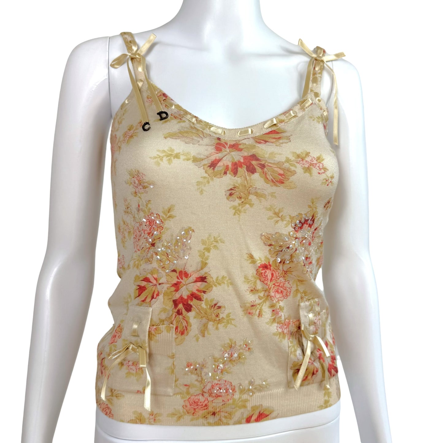 Christian Dior Floral Knit Cami Ivory Pink Lace-Up