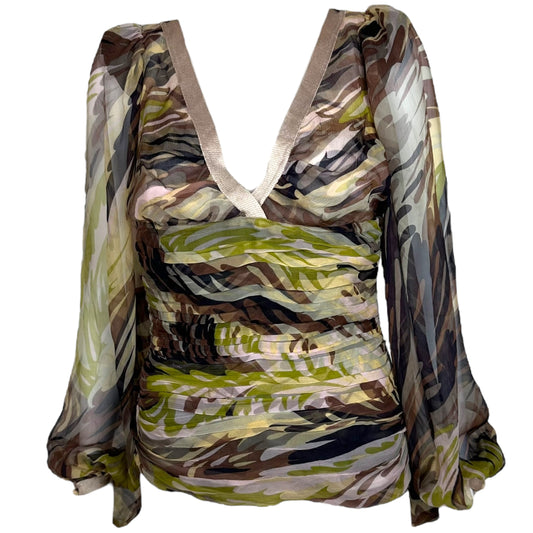 Missoni Silk Camo Print Ruched Puff Sleeve Blouse