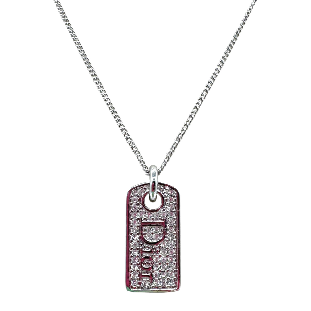 Christian Dior Silver Rhinestone Logo Tag Necklace