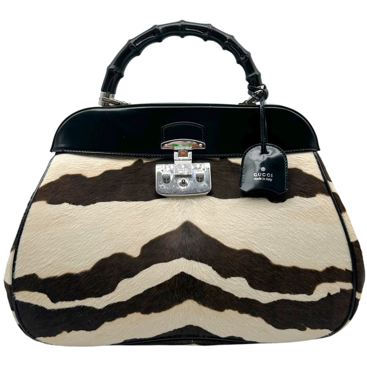 Gucci Lady Lock Zebra Print Ponyhair Bamboo Handbag