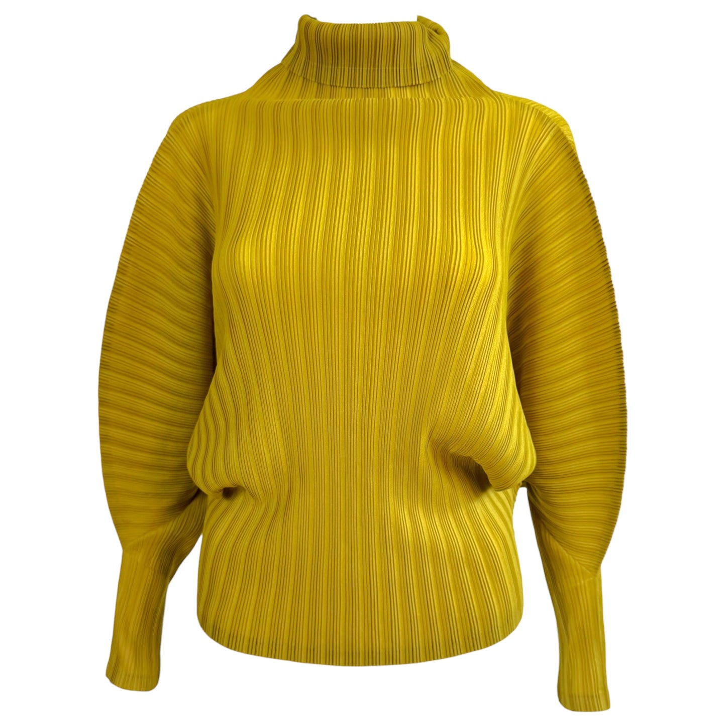 Issey Miyake Pleats Please Bright Olive Green Pleated Dolman Sleeve Turtleneck Top Sz 3