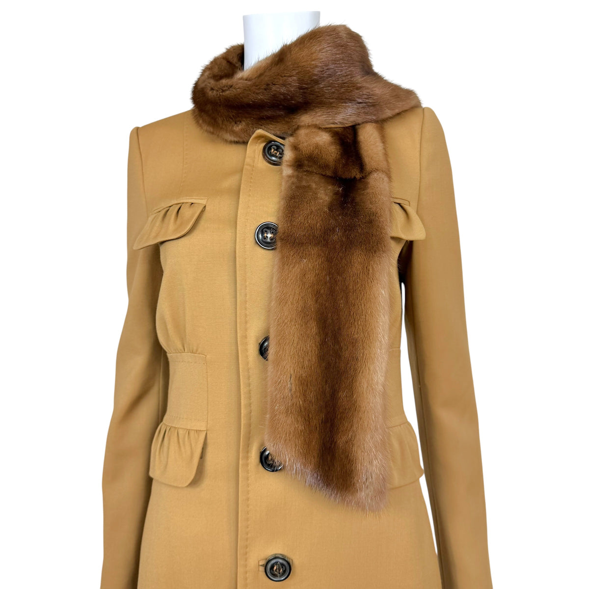 Dsquared2 Brown Wool Mid-Length Coat w/ Mink 'Scarf' Collar