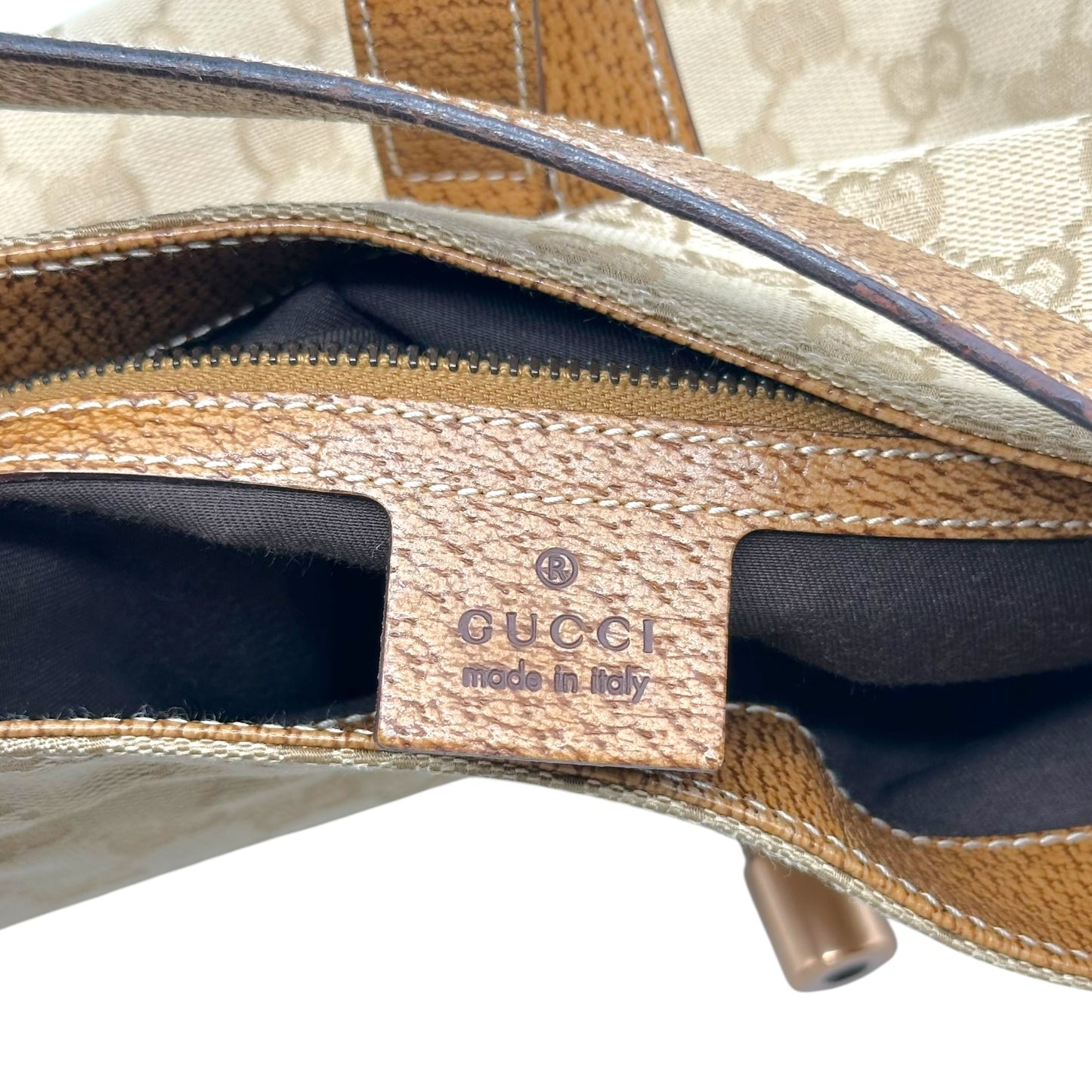 Gucci Shoulder Bag Beige Monogram Tan Leather Piston Lock