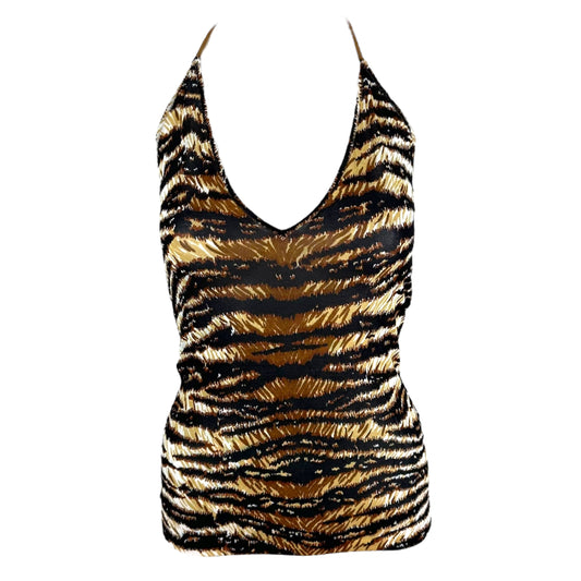 Dolce & Gabbana Tiger Print Knit Suede Strap Halter Tank