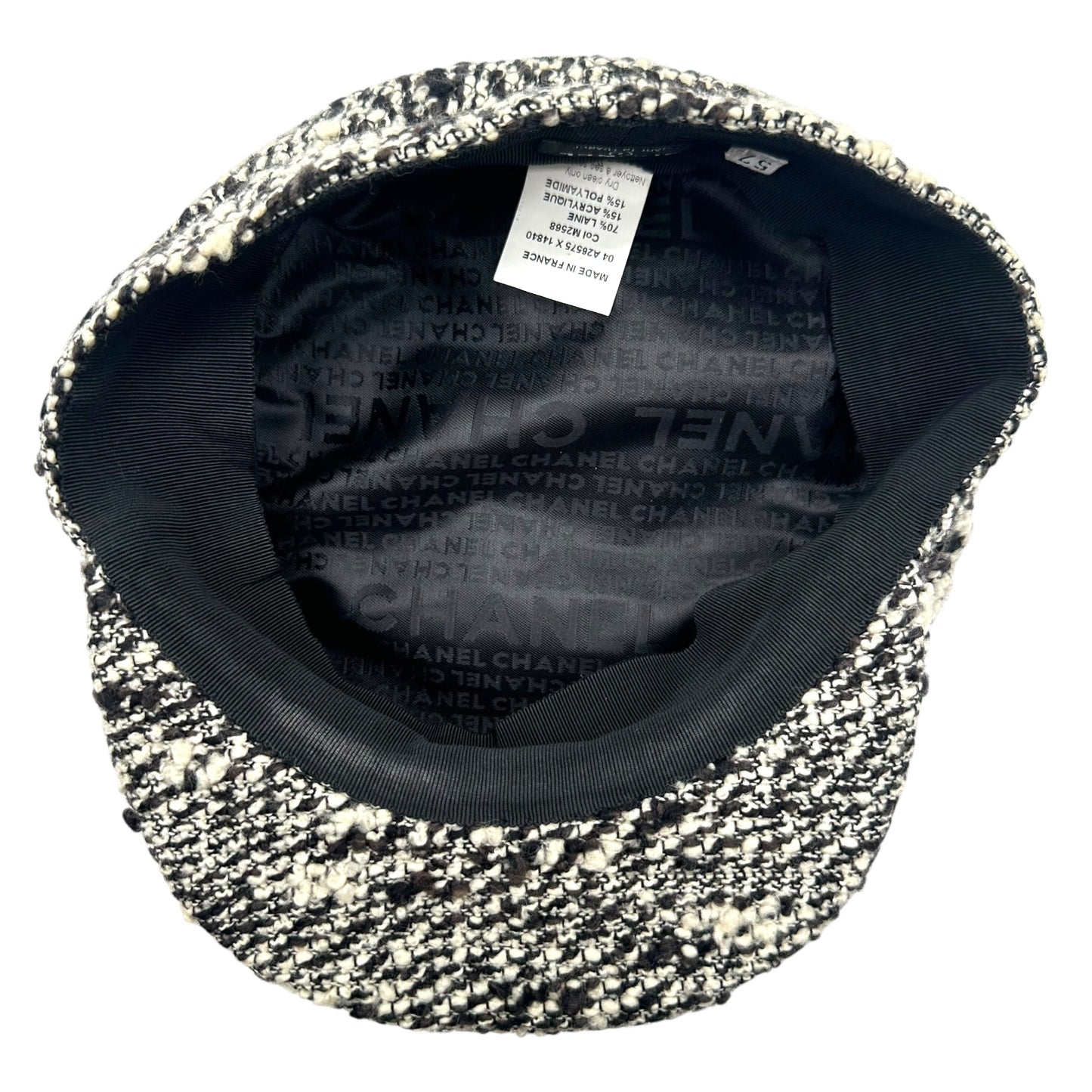 Chanel Black & White Tweed Newsboy Hat w/ Nail Polish Charm