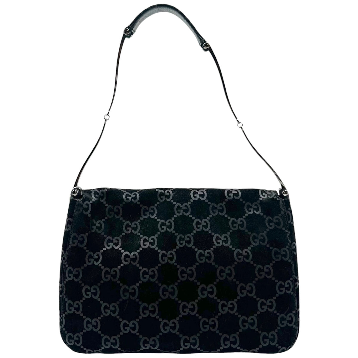 Gucci Black Embossed Suede Shoulder Bag with Metal Strap