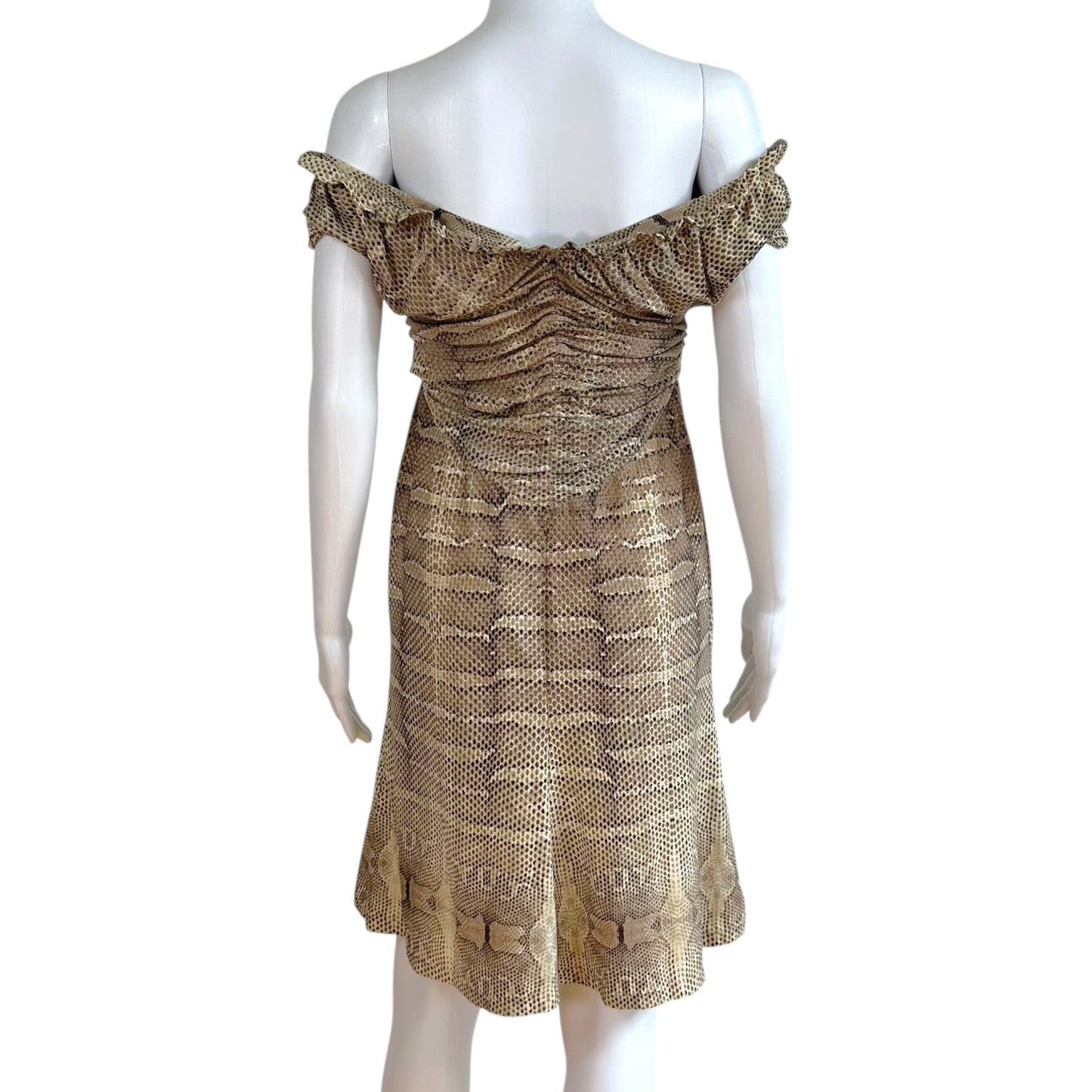 Roberto Cavalli Off-Shoulder Mini Dress Brown Snakeskin Print