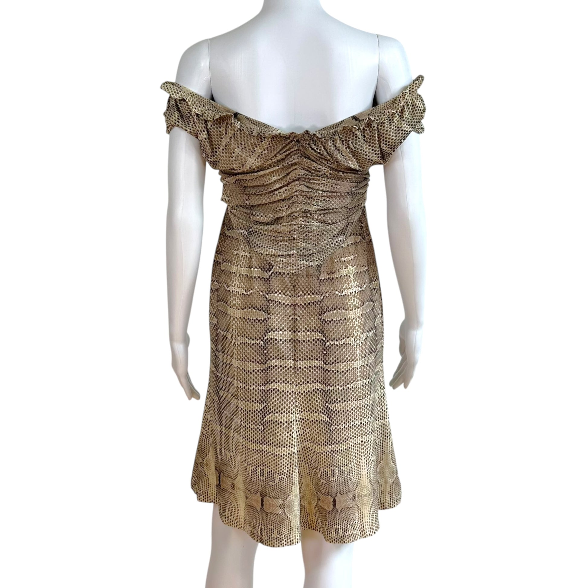 Roberto Cavalli Off-Shoulder Mini Dress Brown Snakeskin Print