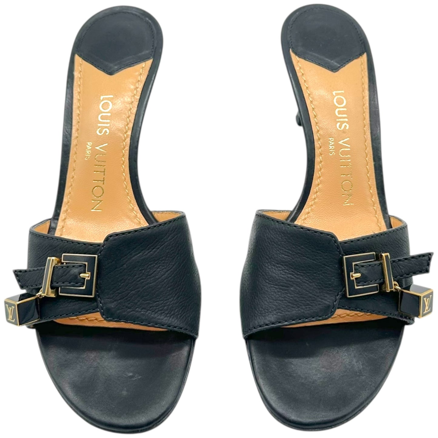 Louis Vuitton Black Leather Gold Logo Charm Kitten Heel Mules