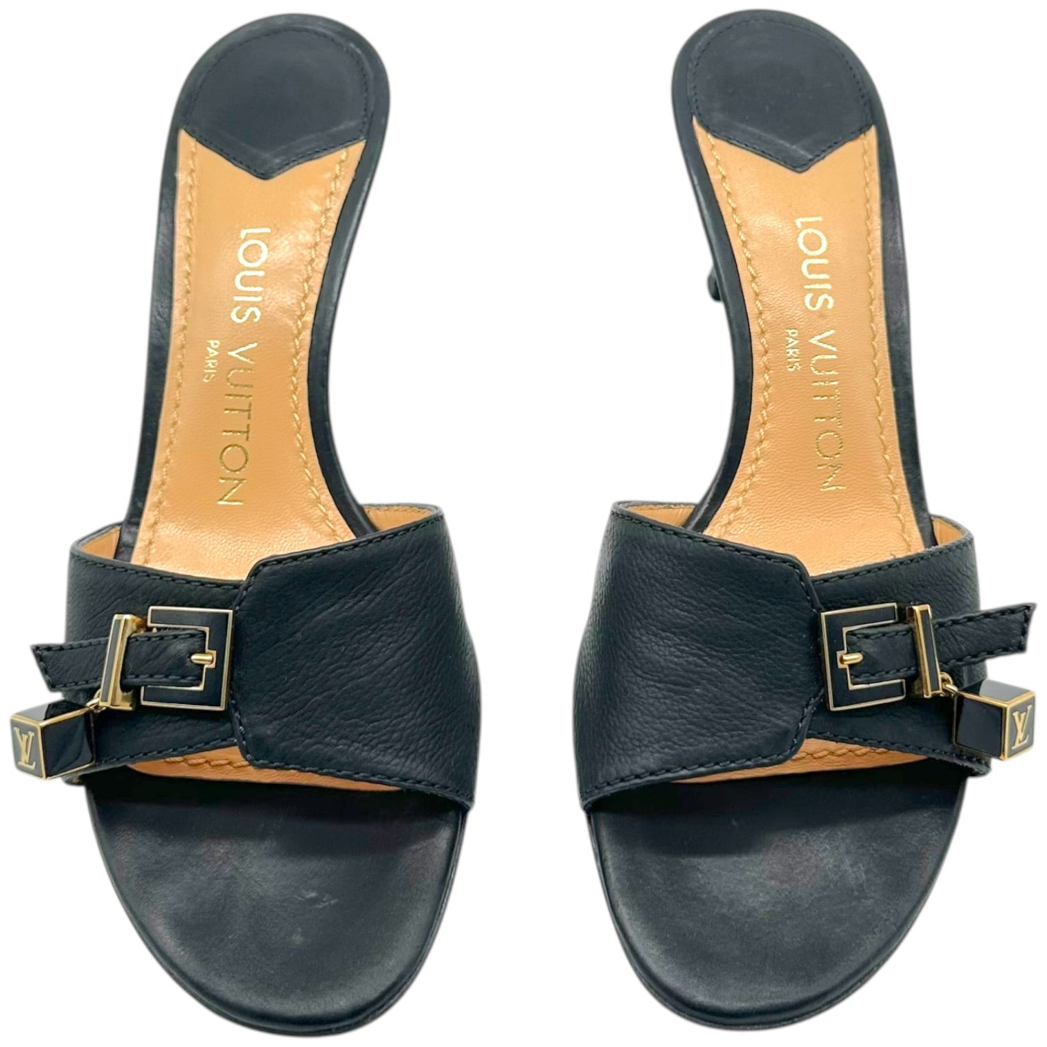 Louis Vuitton Black Leather Gold Logo Charm Kitten Heel Mules