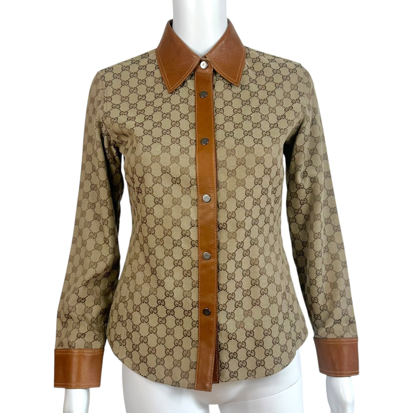 Gucci by Tom Ford 2000 Tan Monogram & Leather Button Up Shirt