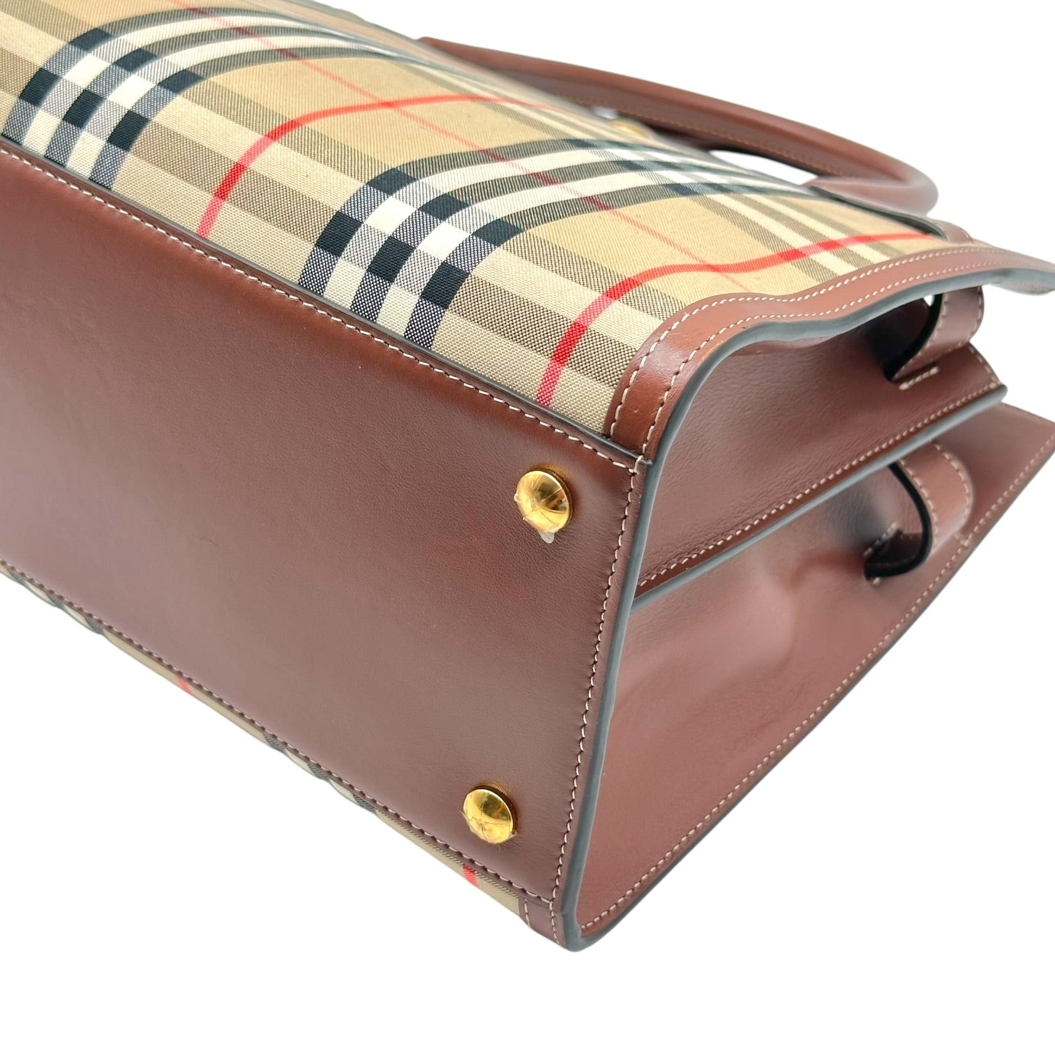 Burberry Brown Leather Nova Check Plaid Tote Handbag