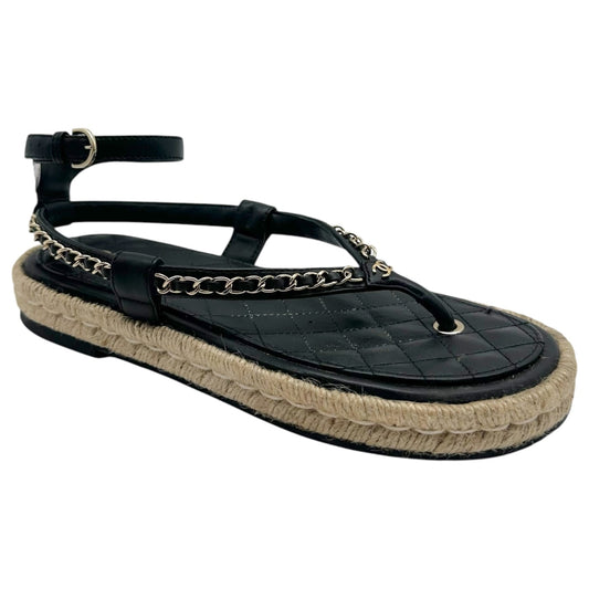 Chanel Black Leather Jute Gold Chain Thong Flat Sandals