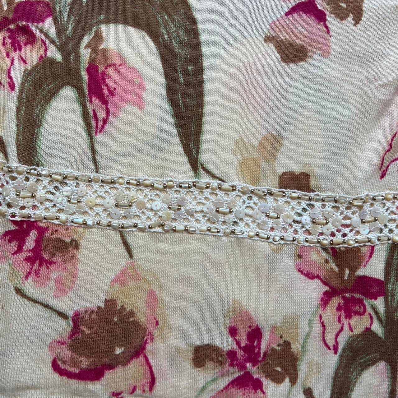 Blumarine By Anna Molinari Ivory Floral Printed V-Neck Sweater with 1/2 Length Sleeves and Crochet and Beaded Waist - Outfit Repeater