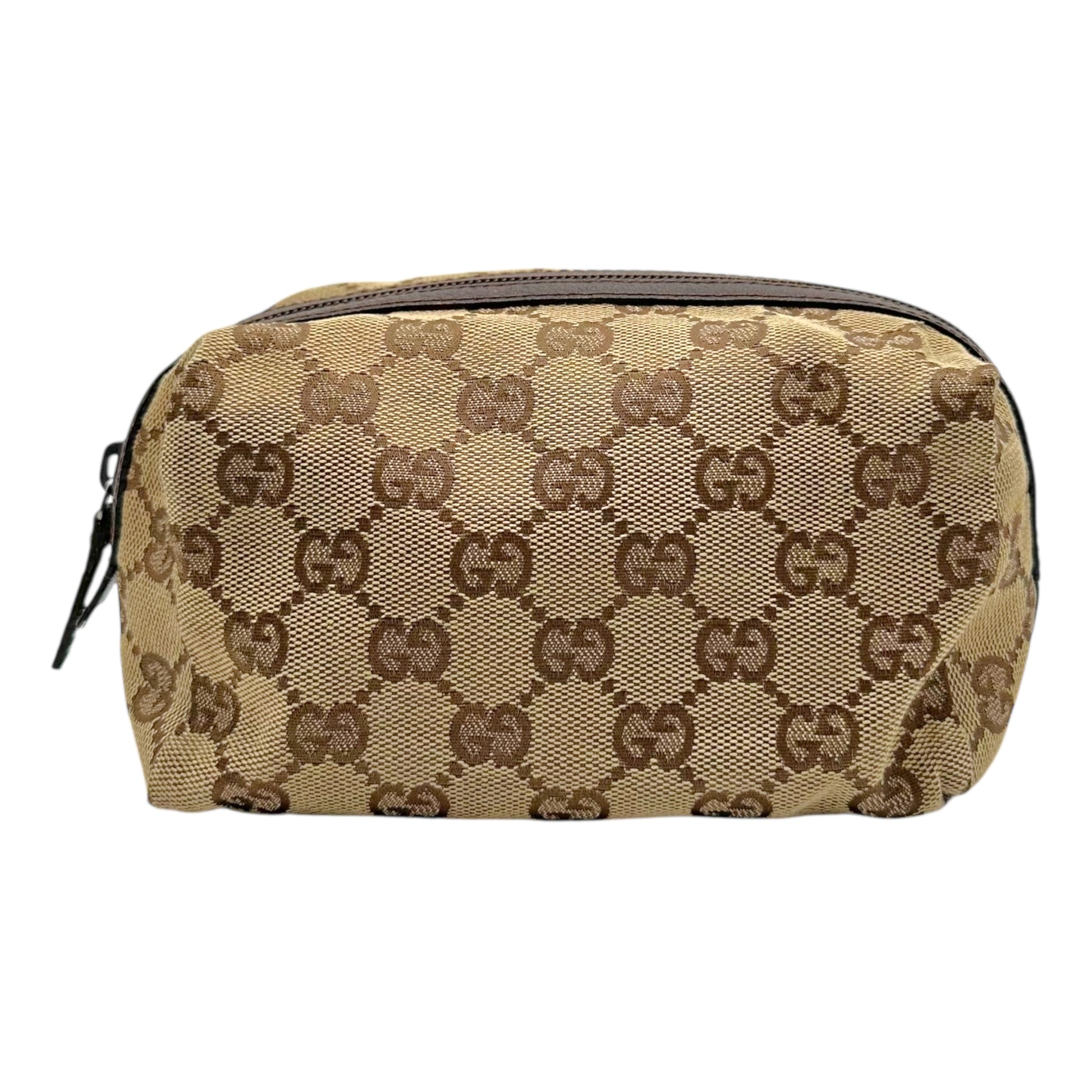 Gucci Cosmetic Pouch Tan Monogram Brown Leather