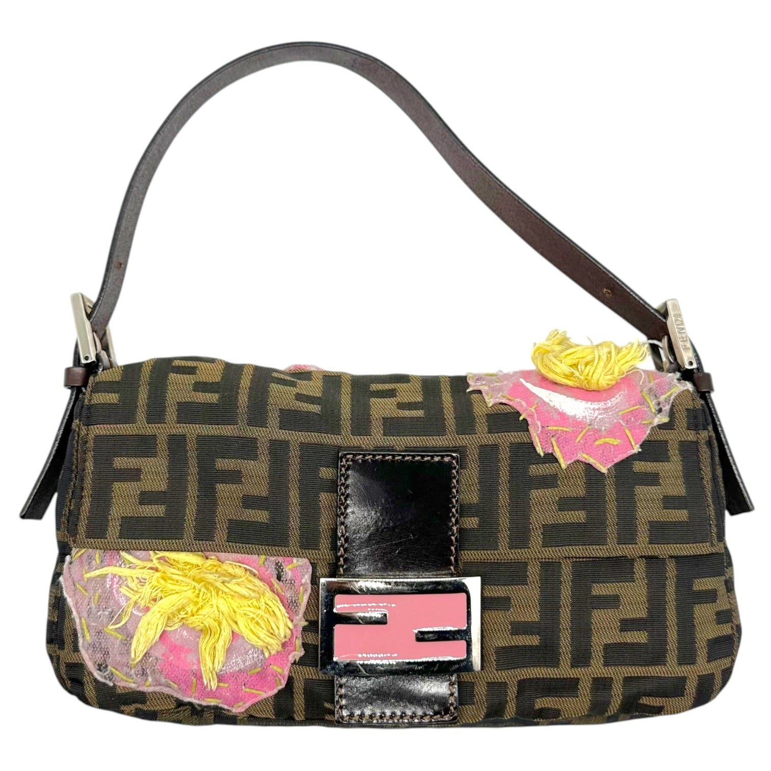 Fendi Baguette Bag Brown Monogram Pink Floral Applique