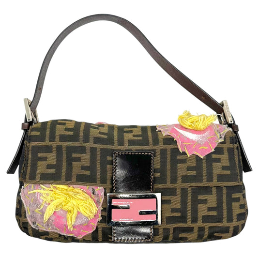 Fendi Baguette Bag Brown Monogram Pink Floral Applique