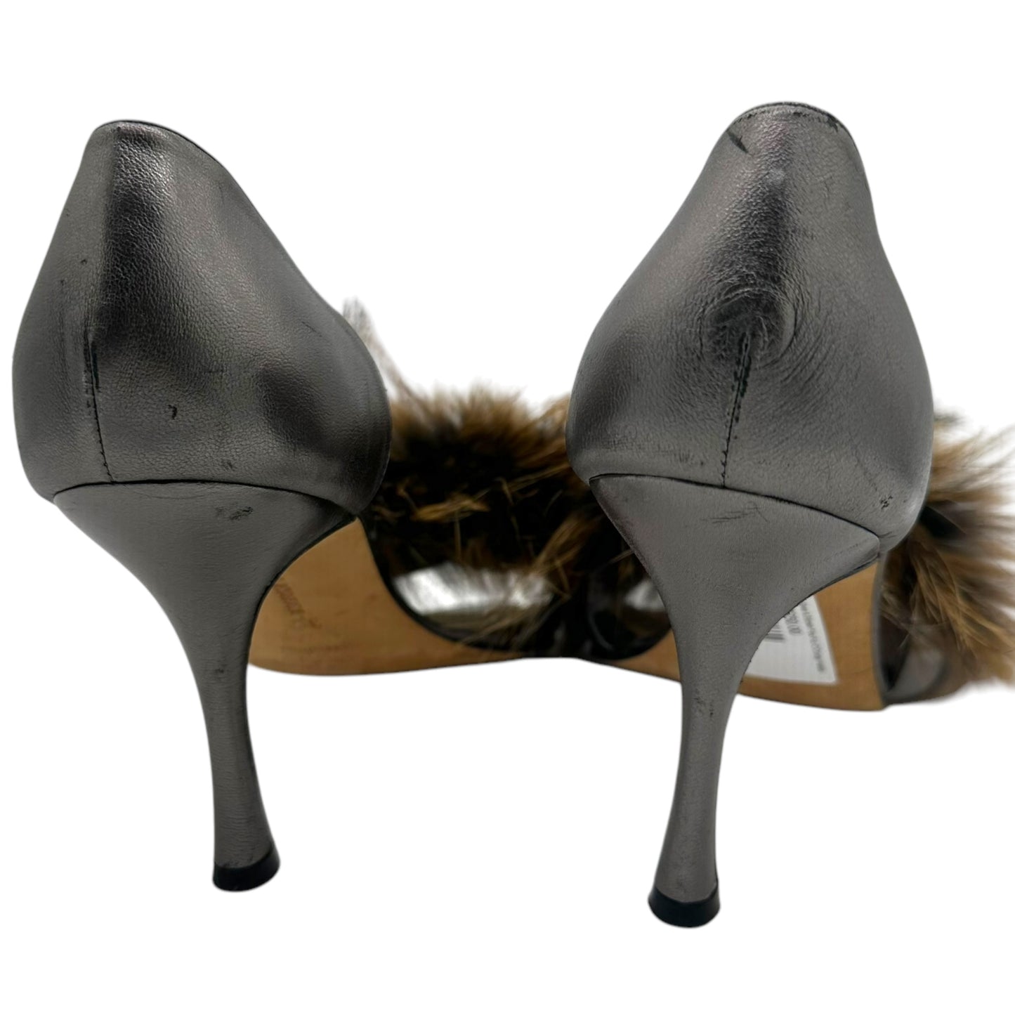 Manolo Blahnik Metallic Silver & Brown Fox Fur D'Orsay Heels