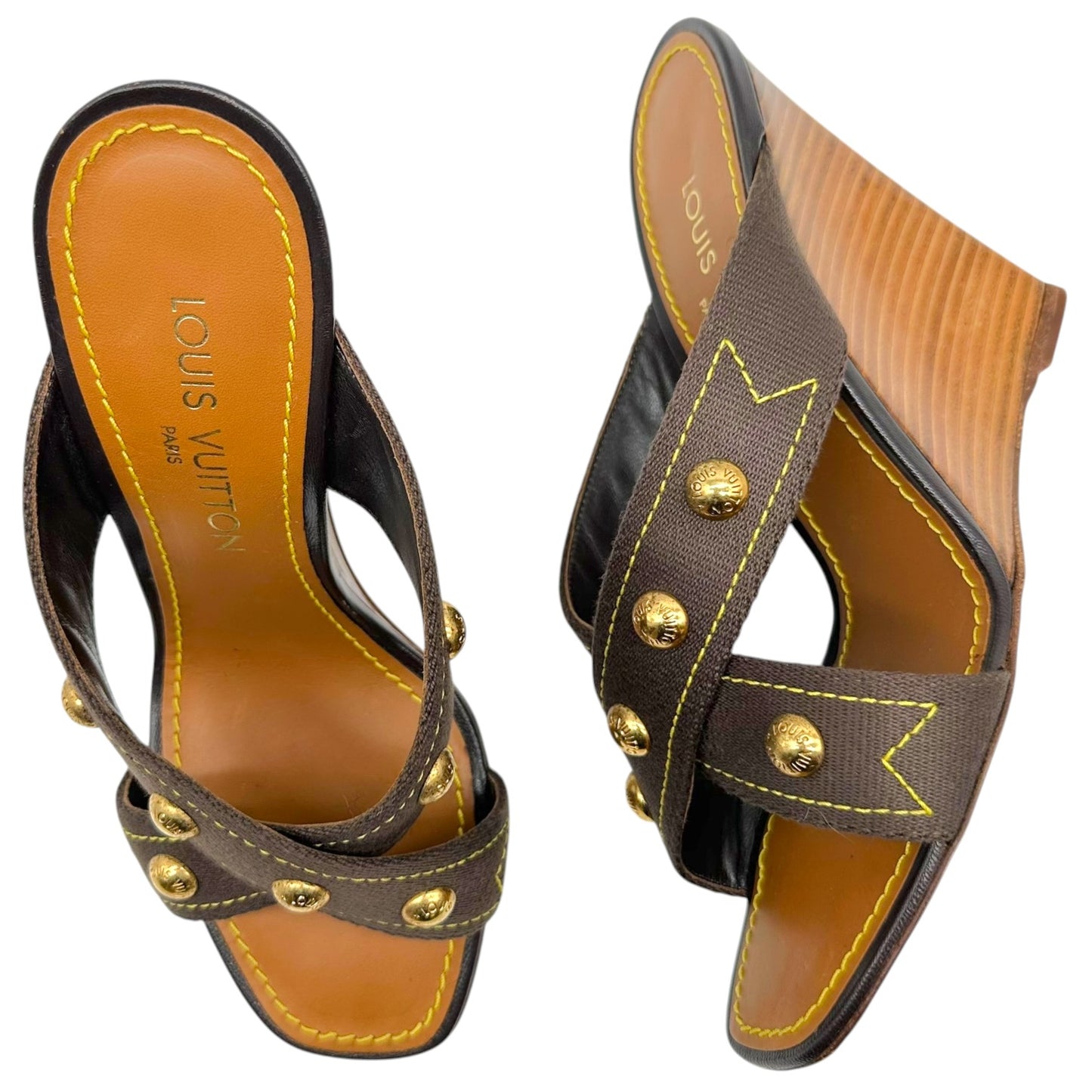 Louis Vuitton Gold Studded Cross Front Wooden Mule Heels - Outfit Repeater