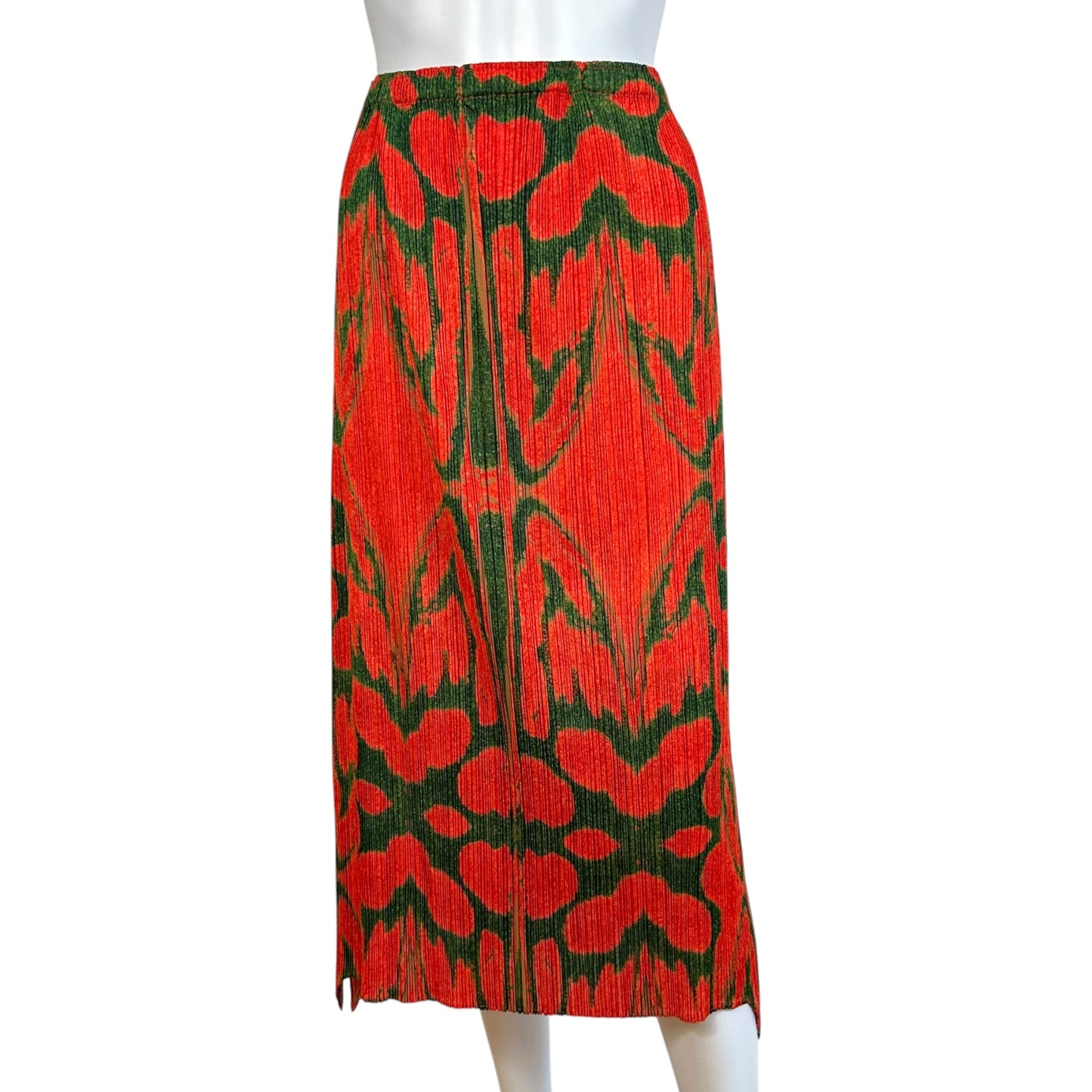 Issey Miyake Pleats Please Red & Green Patterned Pleated Maxi Skirt