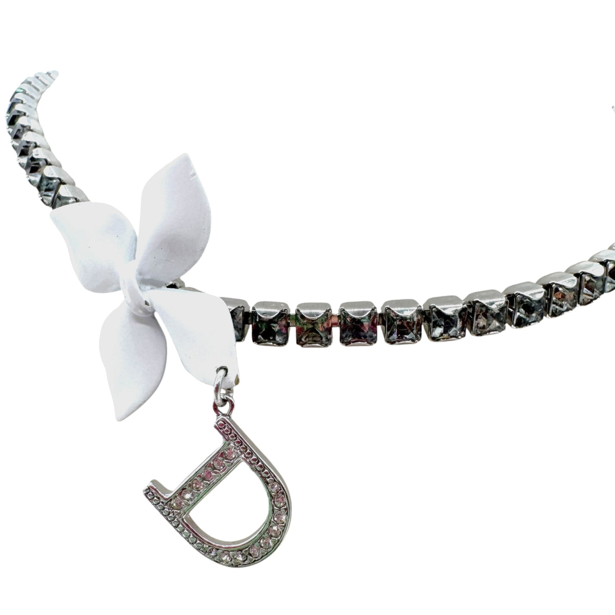 Christian Dior 'Girly Dior' Silver Crystal Tennis Chain & White Flower Choker Necklace