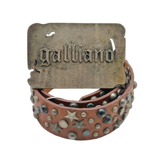 Galliano Brown Leather & Silver Studded XL Logo Buckle Belt