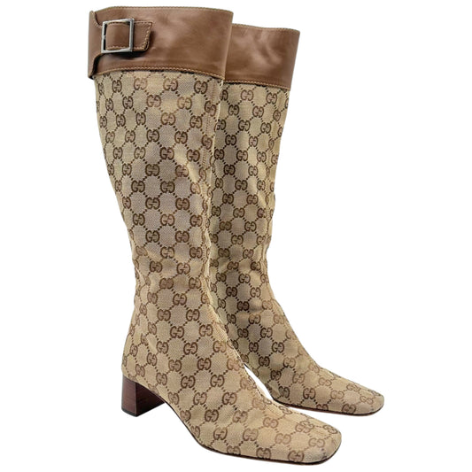 Gucci by Tom Ford Tan Monogram Heeled Square Toe Boots - Outfit Repeater