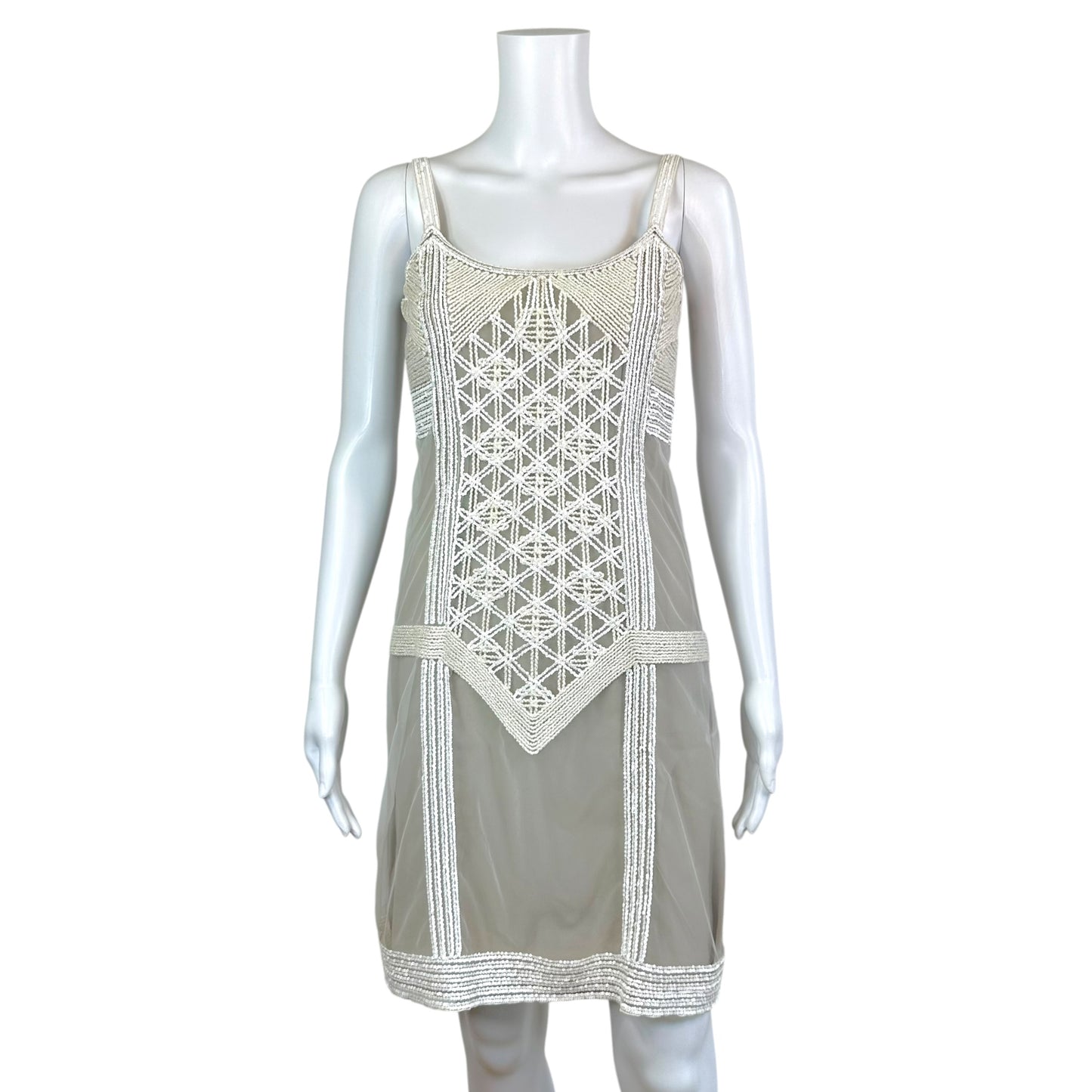 Fendi Beaded Mesh Mini Dress Beige Ivory Thin Straps