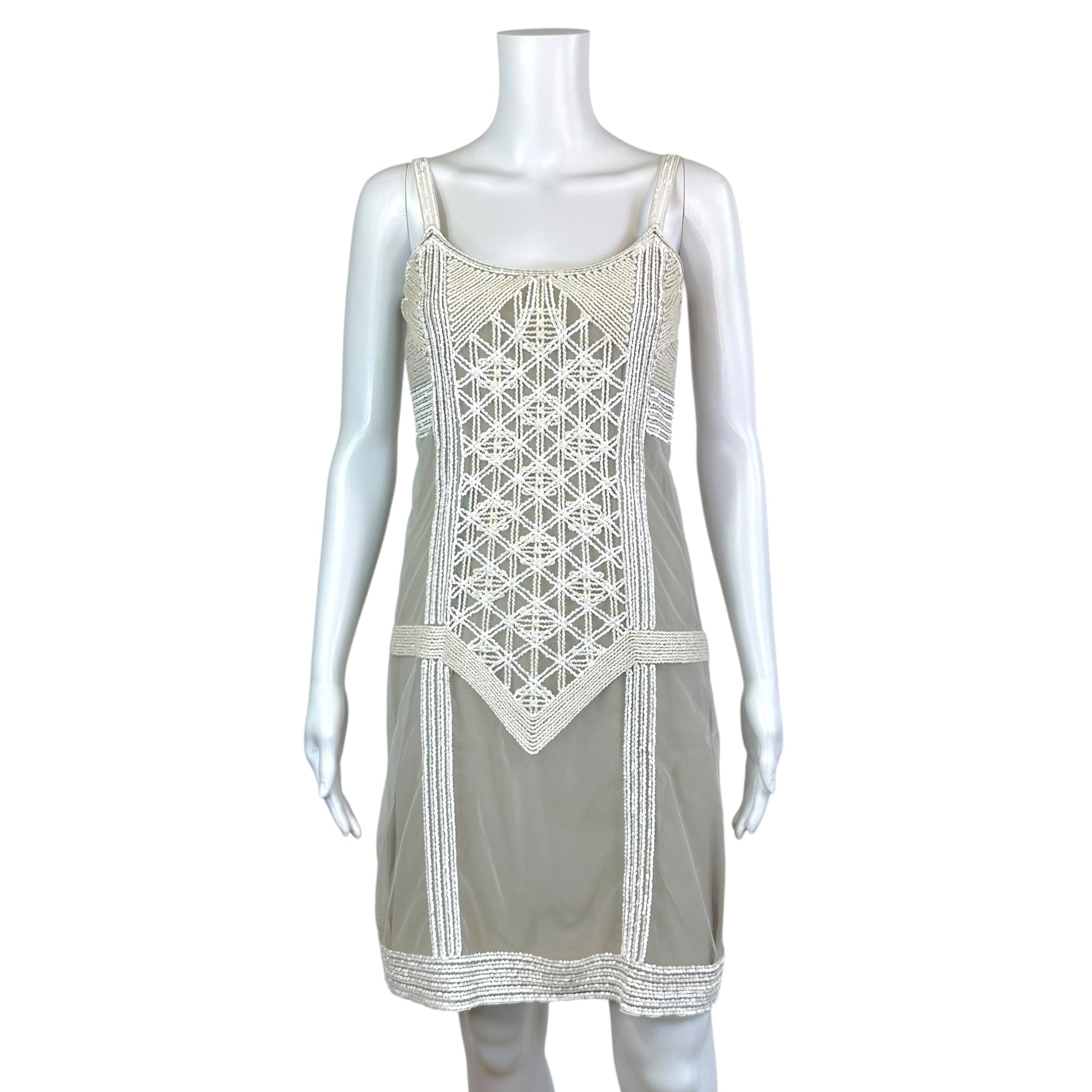 Fendi Beaded Mesh Mini Dress Beige Ivory Thin Straps