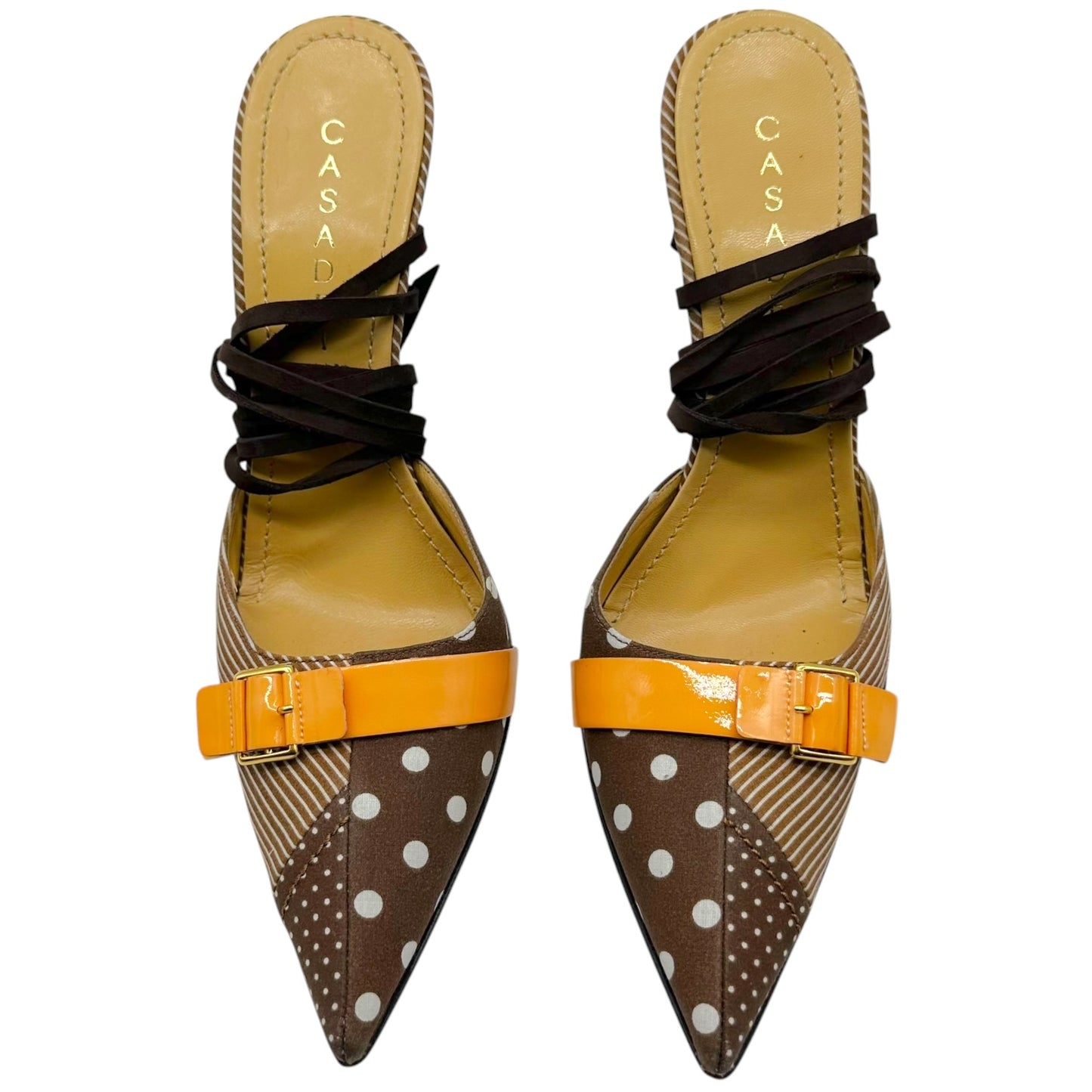 Casadei Lace Up Mule Heels Brown Orange Striped Polka Dot