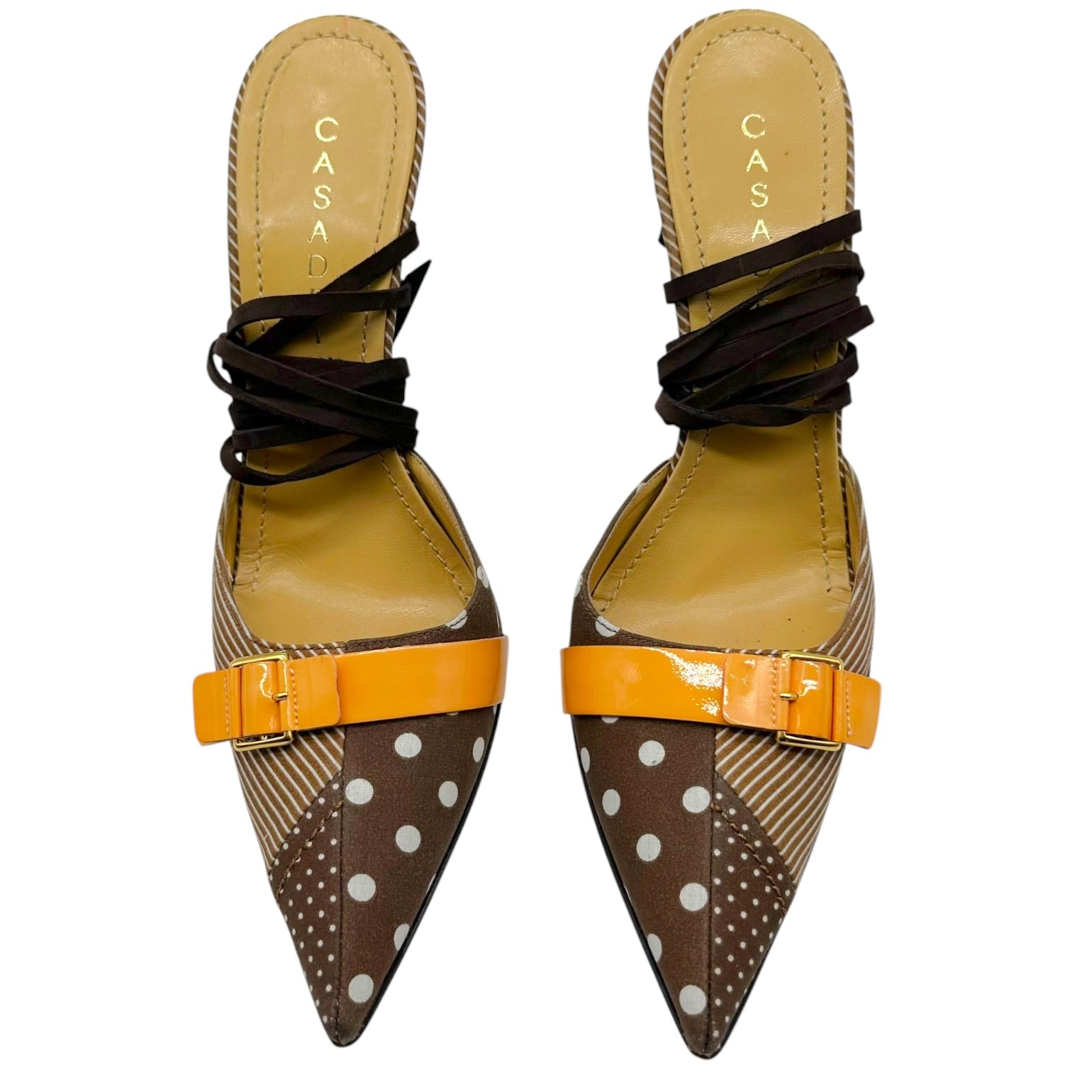 Casadei Lace Up Mule Heels Brown Orange Striped Polka Dot