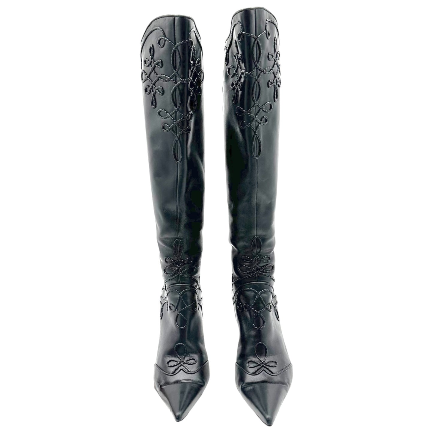 Sergio Rossi Black Braided Leather Embellished Heeled Boots