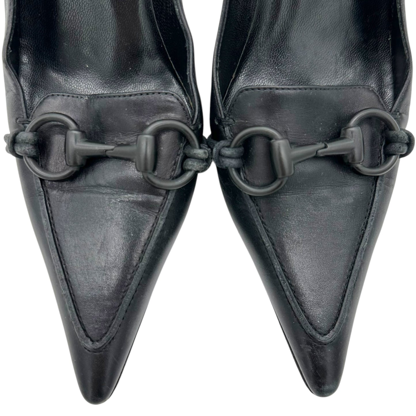 Gucci Black Leather Pointed Toe Horsebit Heels