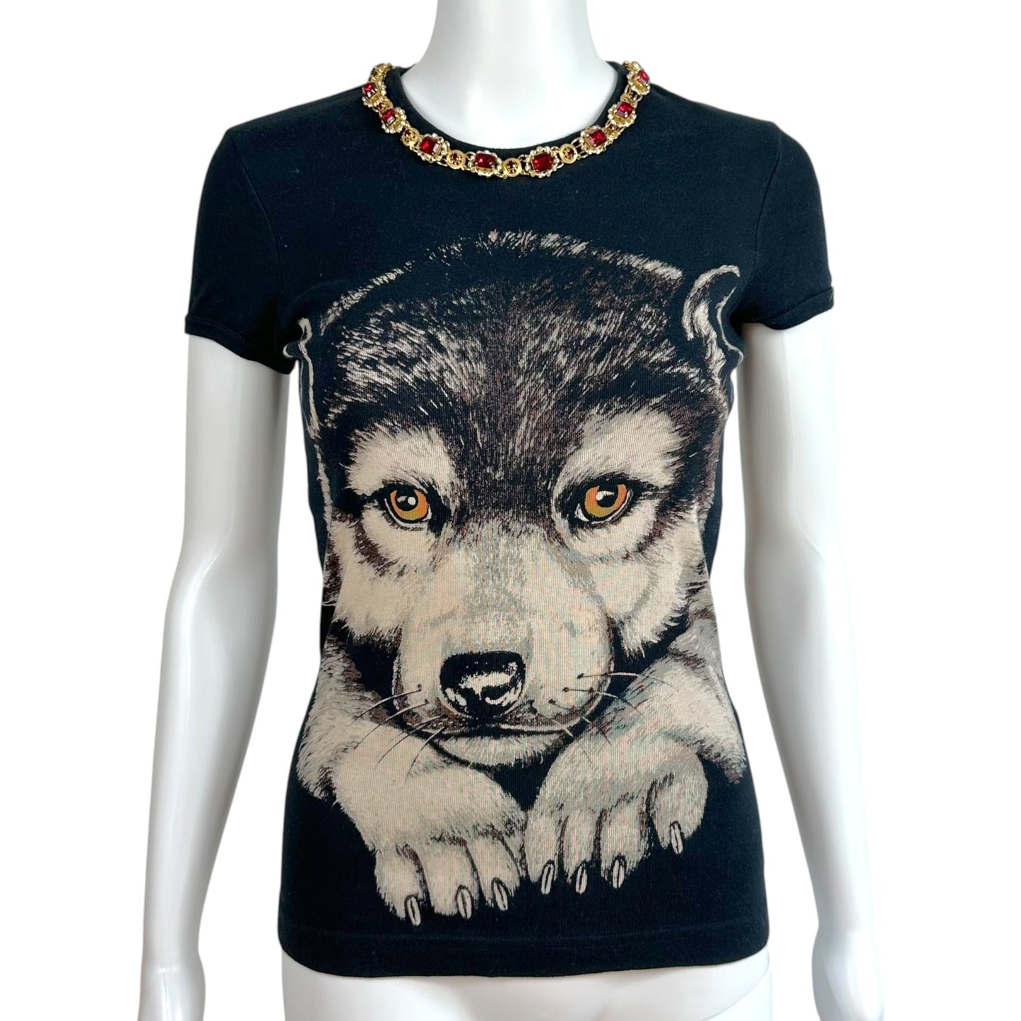Dolce & Gabbana Black Dog Face Print T-Shirt w/ Attached Necklace