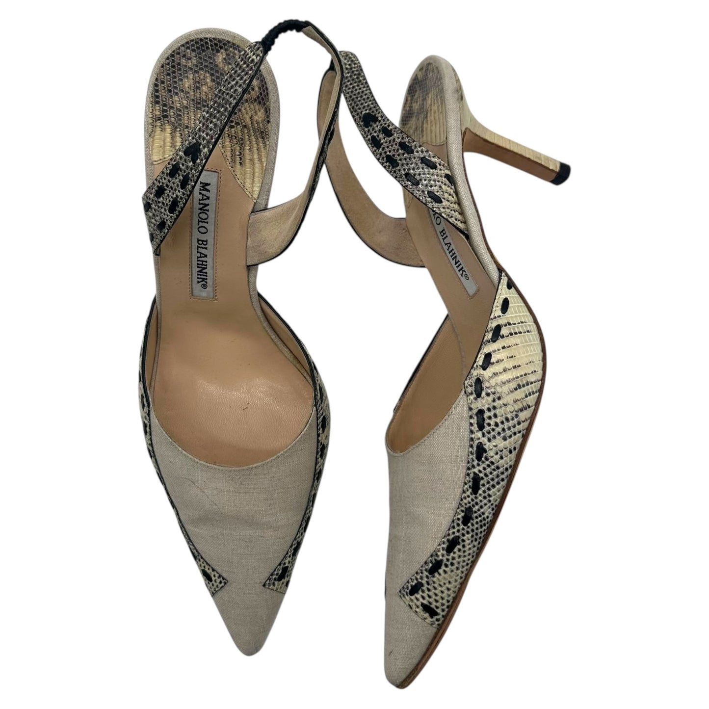 Manolo Blahnik Lizard & Linen Slingback Heels