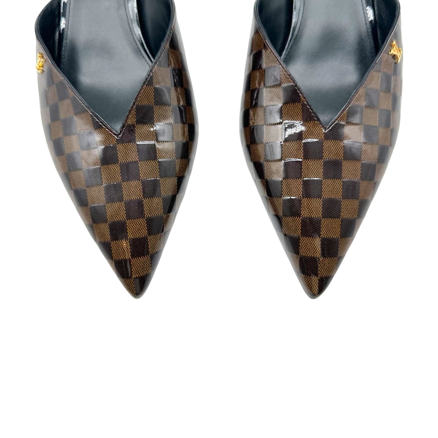 Louis Vuitton Damier Ebene Patent Pointed Toe Kitten Heel Mules