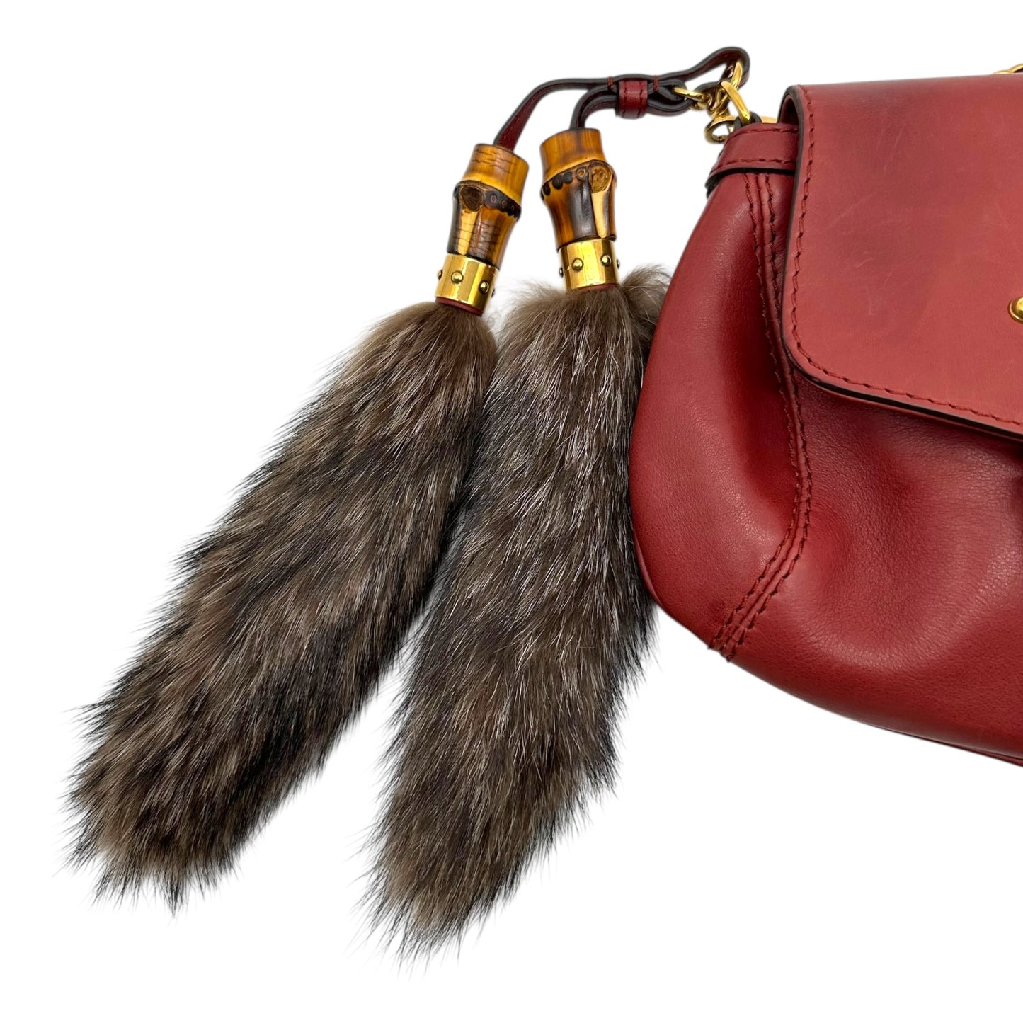 Gucci Burgundy Leather Fur & Bamboo Tassel Crossbody Bag