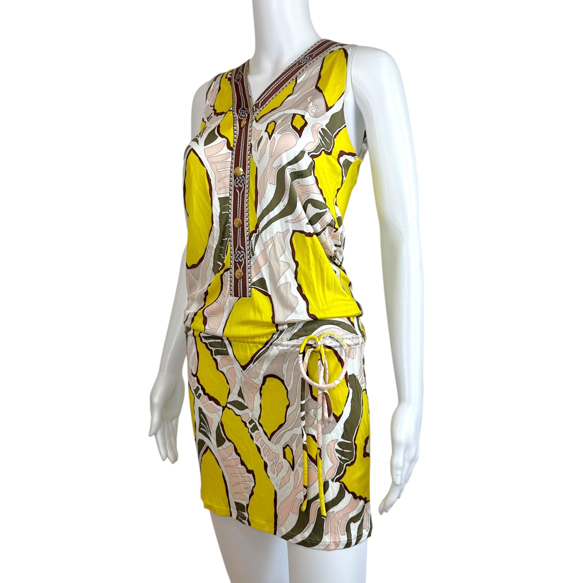 Emilio Pucci Silk Tie-Waist Mini Dress Yellow Brown