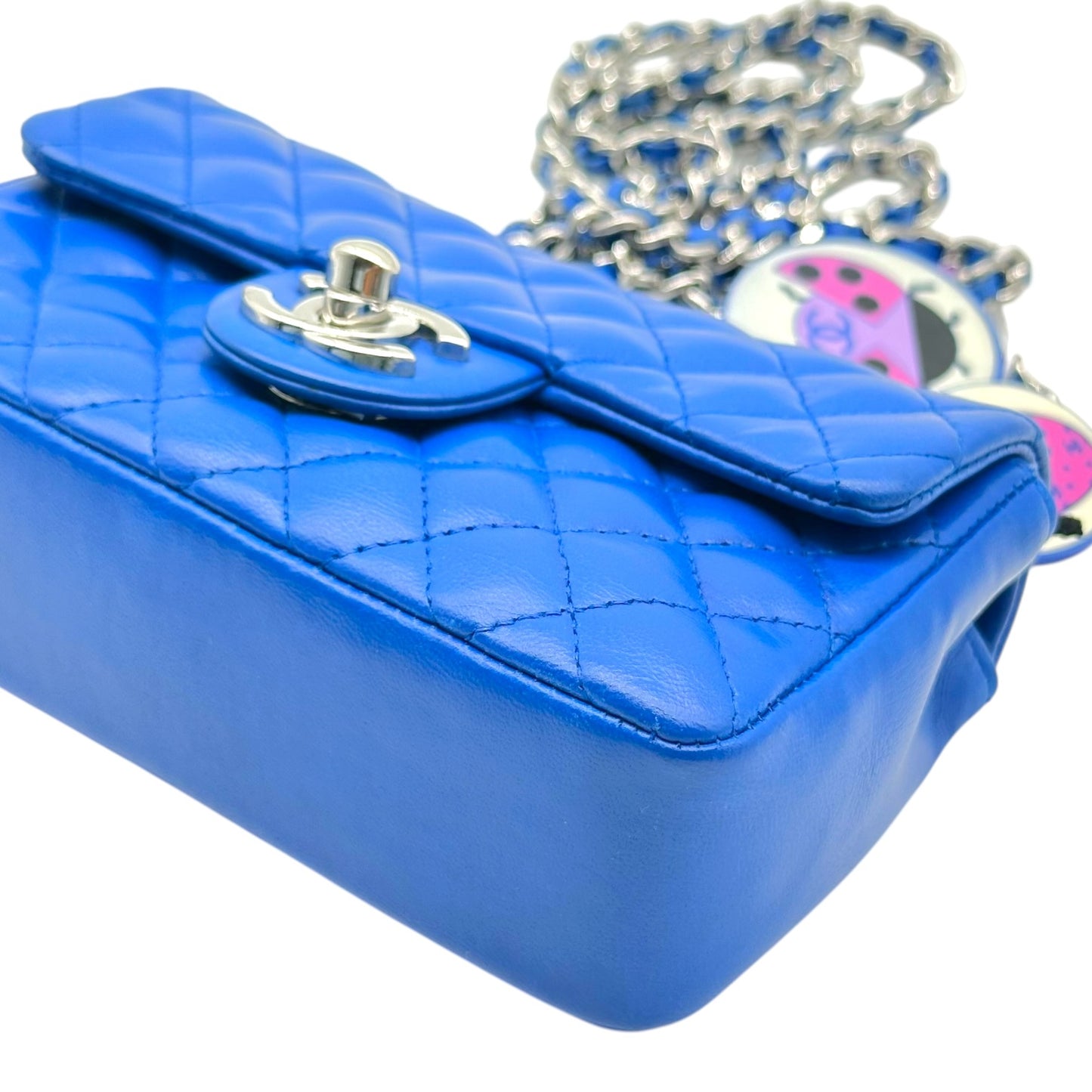 Chanel Cobalt Blue & Silver Matelasse Ladybug Charm Extra Mini Flap 2003-04