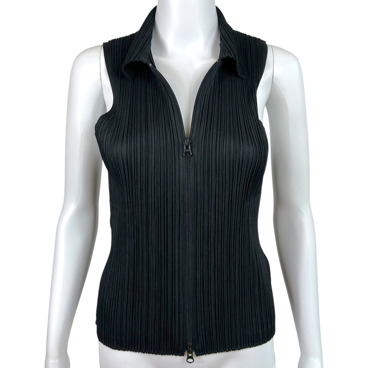 Issey Miyake Pleats Please Black Zip-Up Sleeveless Top Sz 3